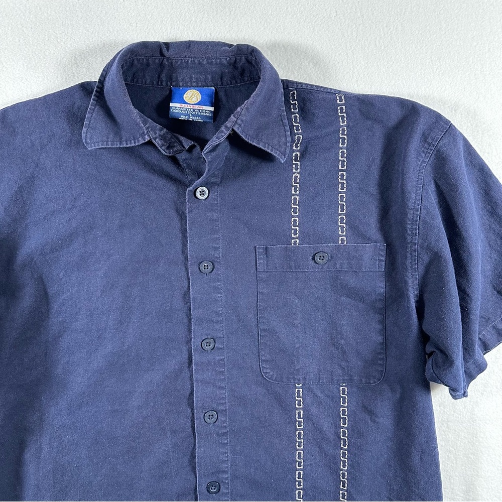 Vintage Budabean Linen Shirt Navy Blue Short Sleeve Button Down Men’s Large - Picture 2 of 5